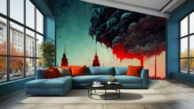 Two Russian Buildings under a Bloody Black Cloud  with Several People in the Foreground. [Digital Art Painting, Sci-Fi / Fantasy / Horror Background, Graphic Novel, Postcard, or Product Image] Wall mural